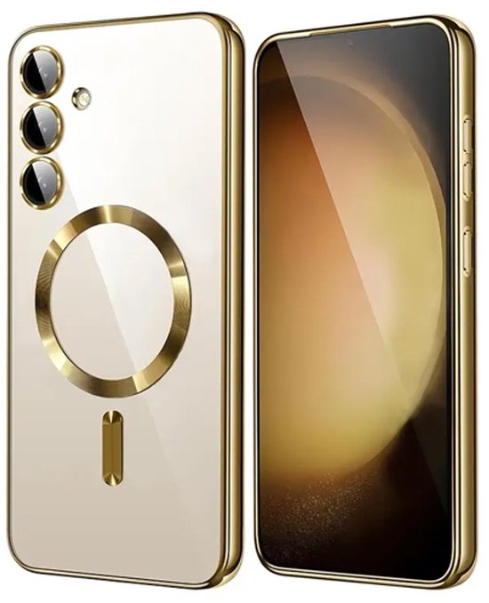 Coque transparente avec bordure dorée et anneau magnétique à côté d'un téléphone avec bordure d'écran dorée.