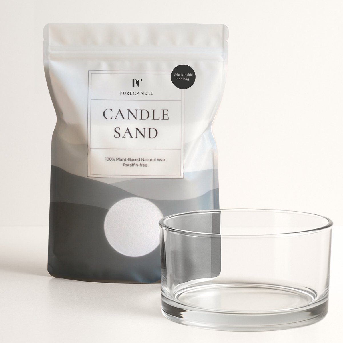 PureCandle Kaarsenzand Cadeauset – Wit Kaarsenzand 450g + 30 Lonten – Glazen Schaal Clara Ø15 cm - Kaarszand starterpakket - Poederkaars Navulset & Kaarsendecoratie - Kaars parels