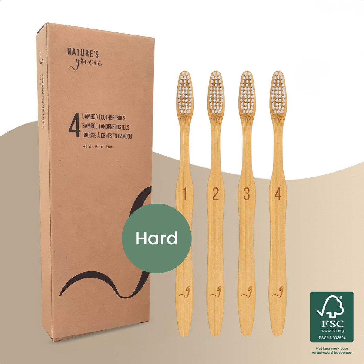 Nature’s Groove® Bamboe Handtandenborstels Hard - Set van 4 - Handmatige Houten Tandenborstel