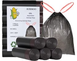 Biologisch Afbreekbare Vuilniszakken 25L met Trekkoord, 175 Zwarte Keukenzakken