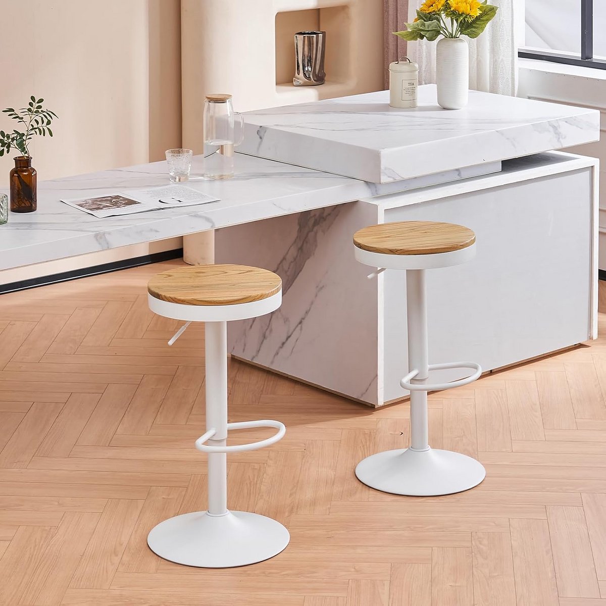 Set van 2 Hoge Barstoelen Hout & Metaal - 360° Draaibaar en In Hoogte Verstelbaar