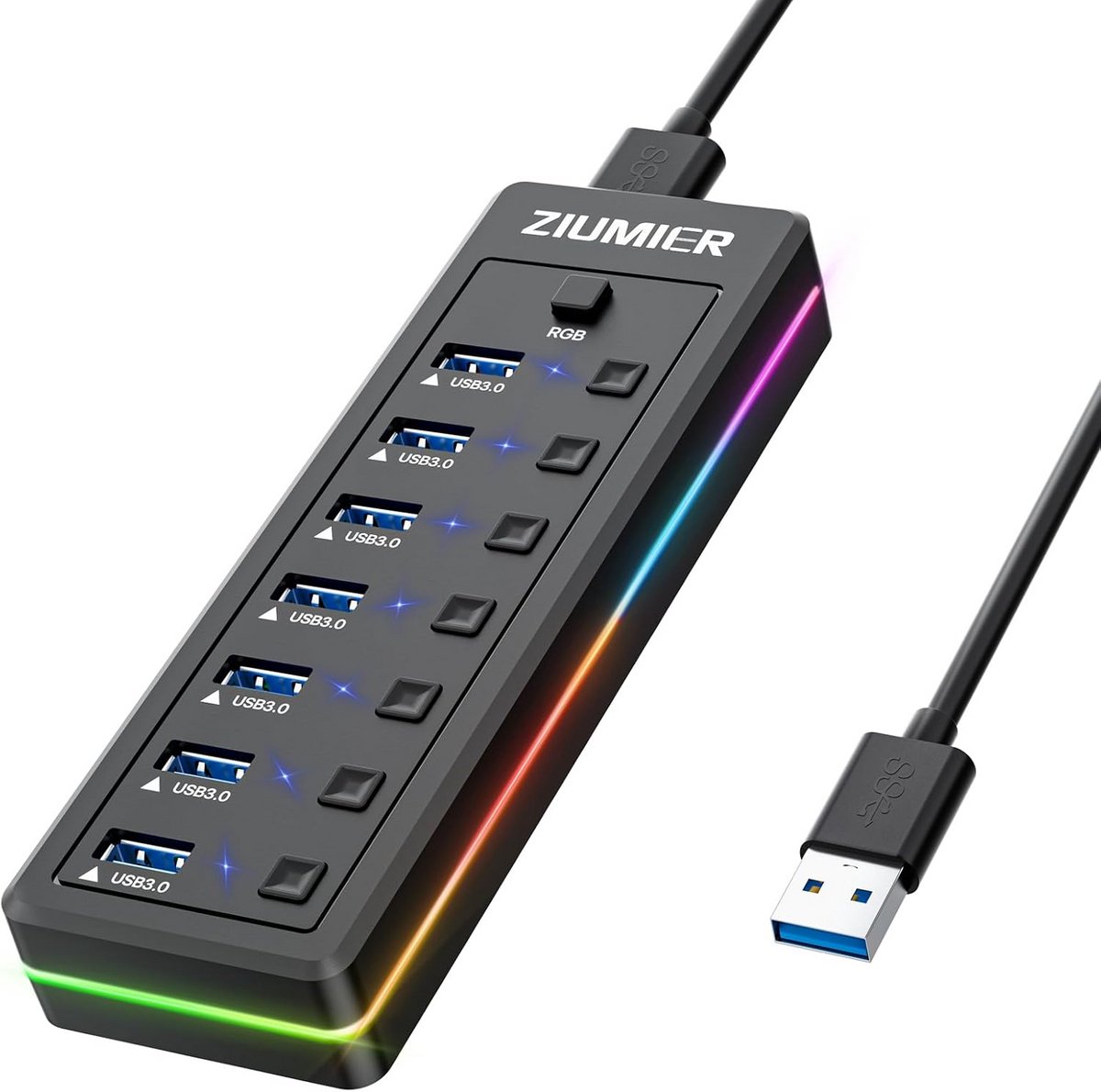 USB Hub 7 Poorten met RGB Verlichting en Aan/Uit Schakelaars