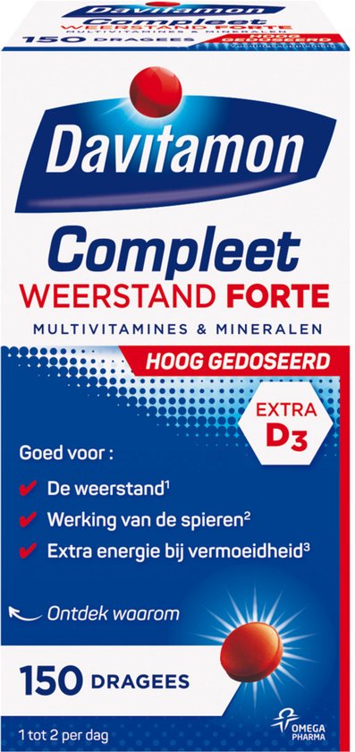 Davitamon Compleet Weerstand Forte. Verpakking met 150 dragees. Goed voor weerstand, spieren en energie.
