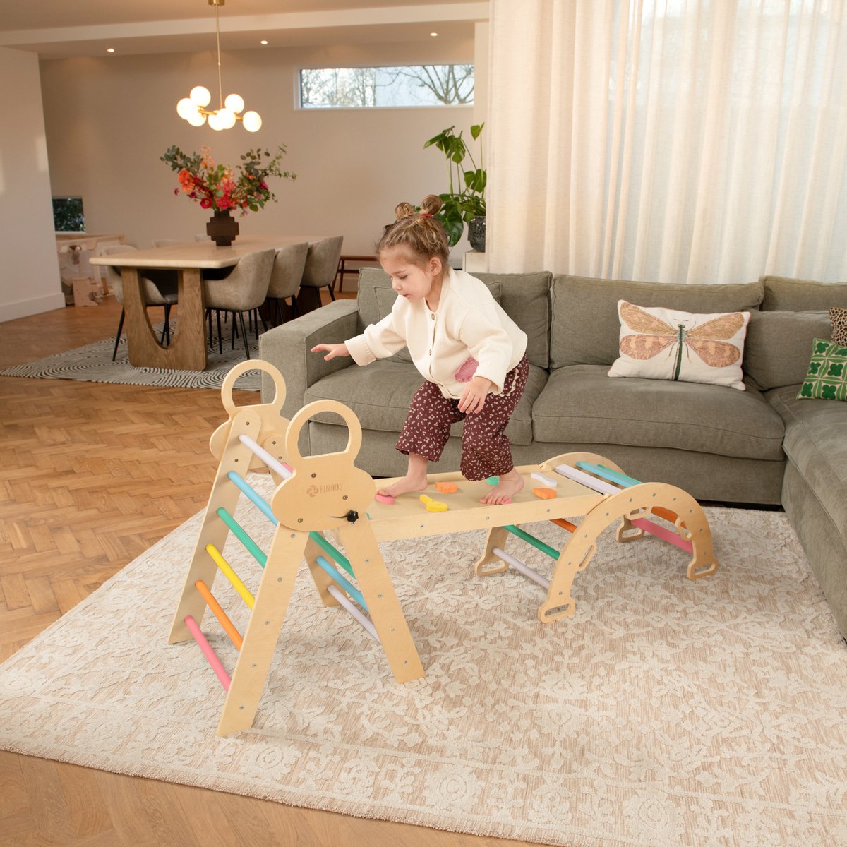FINOOS Klimrek - Klimdriehoek - Klimboog - Glijbaan - Montessori - Houten Speelgoed - Regenboog — afbeelding 8