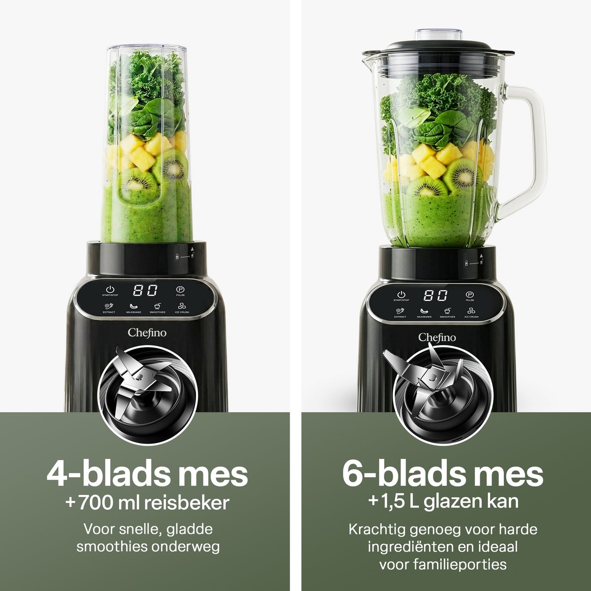 Chefino Blender 1400W – Krachtige Smoothie Blender met Glazen Kan 1,5L – Inclusief 700 ml To-Go Beker – 6-Blads & 4-Blads Mes – IJscrusher – Zelfreinigend – Keukenblender voor Smoothies & Shakes – foto 2