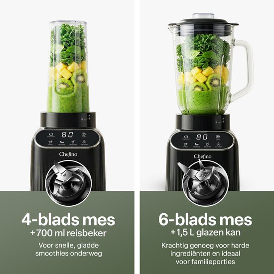 Chefino Blender 1400W - Krachtige Smoothie Blender met Glazen Kan 1,5L - Inclusief 700 ml To-Go Beker - 6-Blads & 4-Blads Mes - IJscrusher - Zelfreinigend - Keukenblender voor Smoothies & Shakes van Merkloos — afbeelding 2