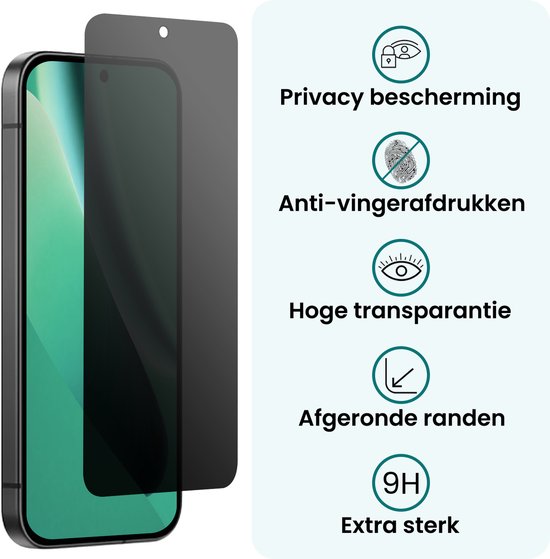 Zwarte privacy screenprotector op smartphone, met icoontjes voor privacy, anti-vingerafdruk, hoge transparantie, afgeronde randen.