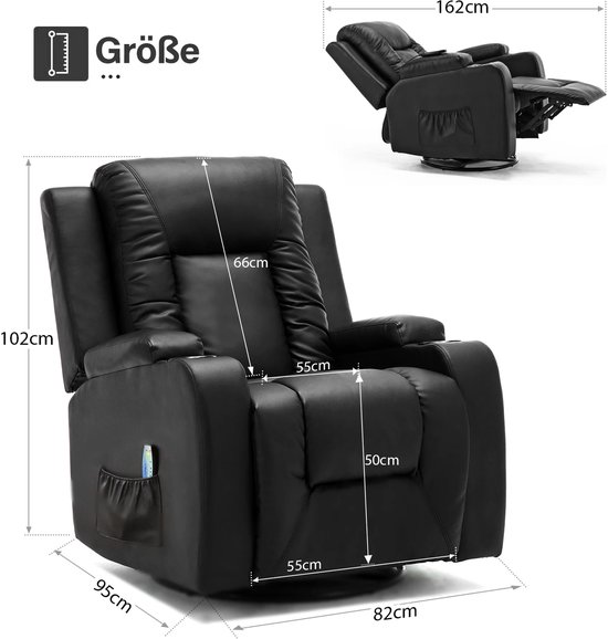 Afmetingen van een zwarte relaxfauteuil: hoogte 102cm, breedte 82cm, diepte 95cm. Rugleuning en voetensteun uitgeschoven.