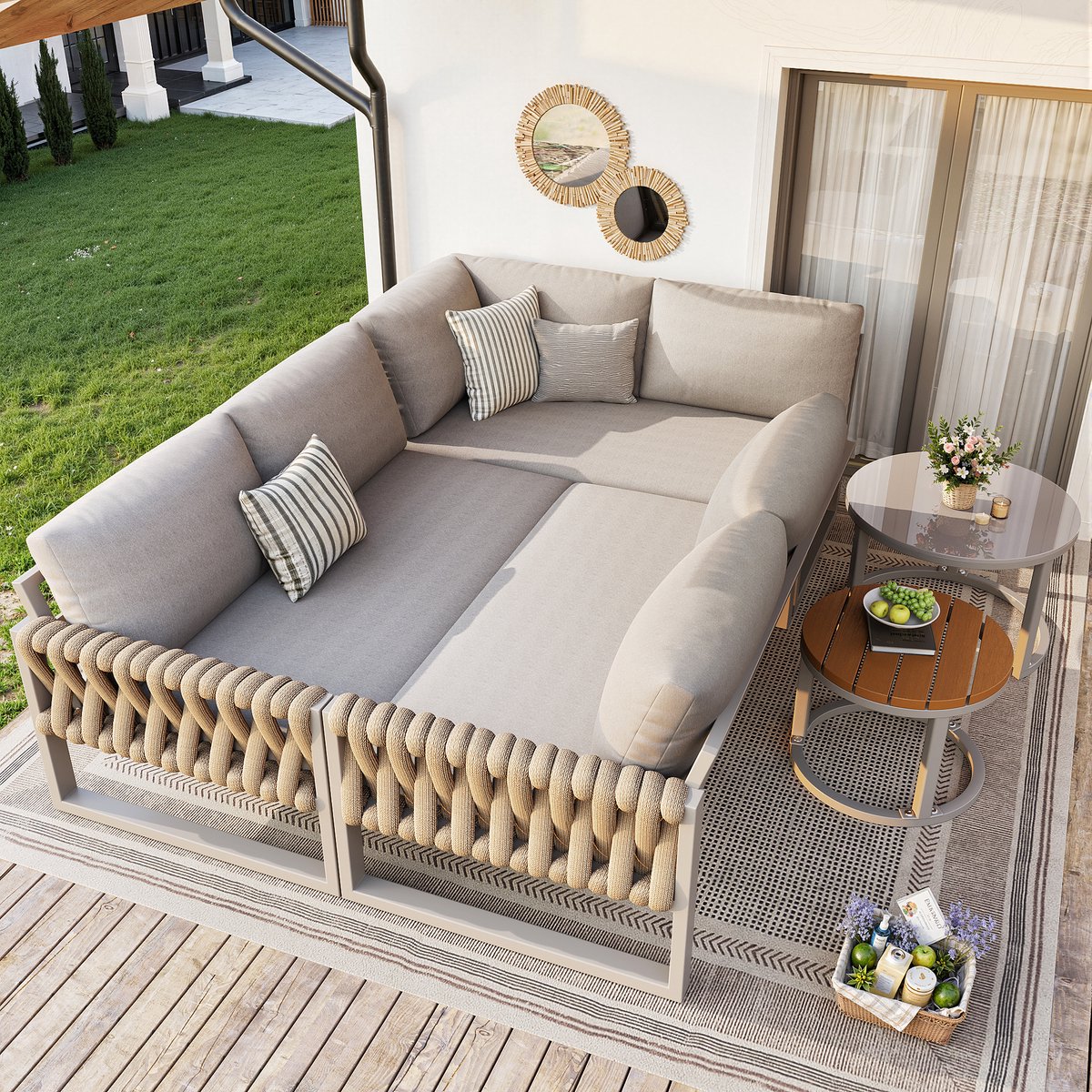 STILVORA Tuinlounge Set 5 Delig 5 6 Personen - Modulair Met Verstelbare Tafelpoten - Afneembare Waterafstotende Kussens - Metaal Beige