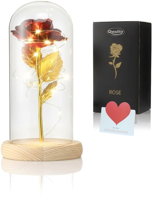 Luxe Roos in Glas met LED – Gouden Roos in Glazen Stolp