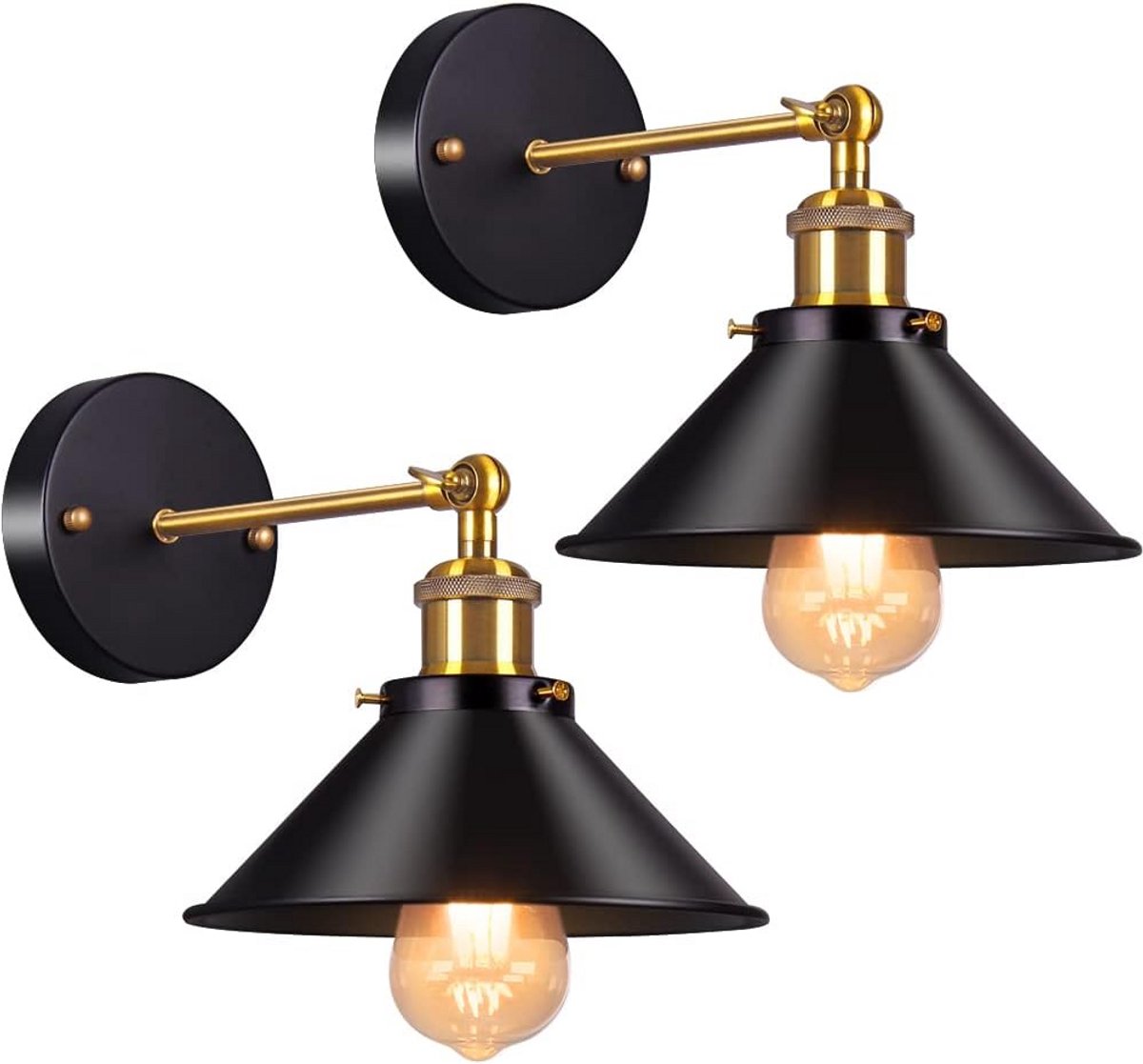 2x Vintage Wandlamp Zwart Metaal E27 Industriële Sconce voor Woonkamer Slaapkamer