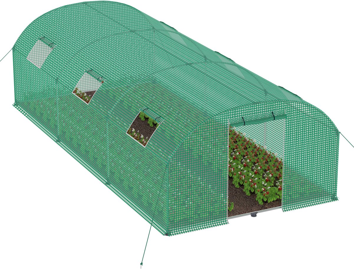 Aufun Foliekas - 3 x 6 x 2 m - frame van verzinkt staal - met vensters met muggen gaas en deur - groen