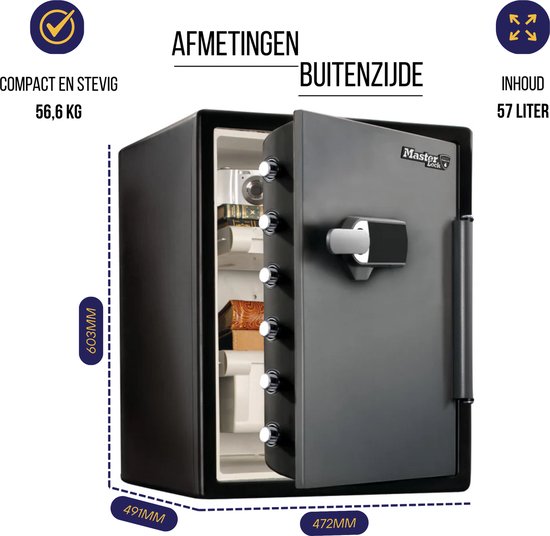 Zwarte kluis met open deur, onder een bureau. Binnenin liggen papieren, een tablet en een lader. De deur toont sleutels, een cd en een paspoort.