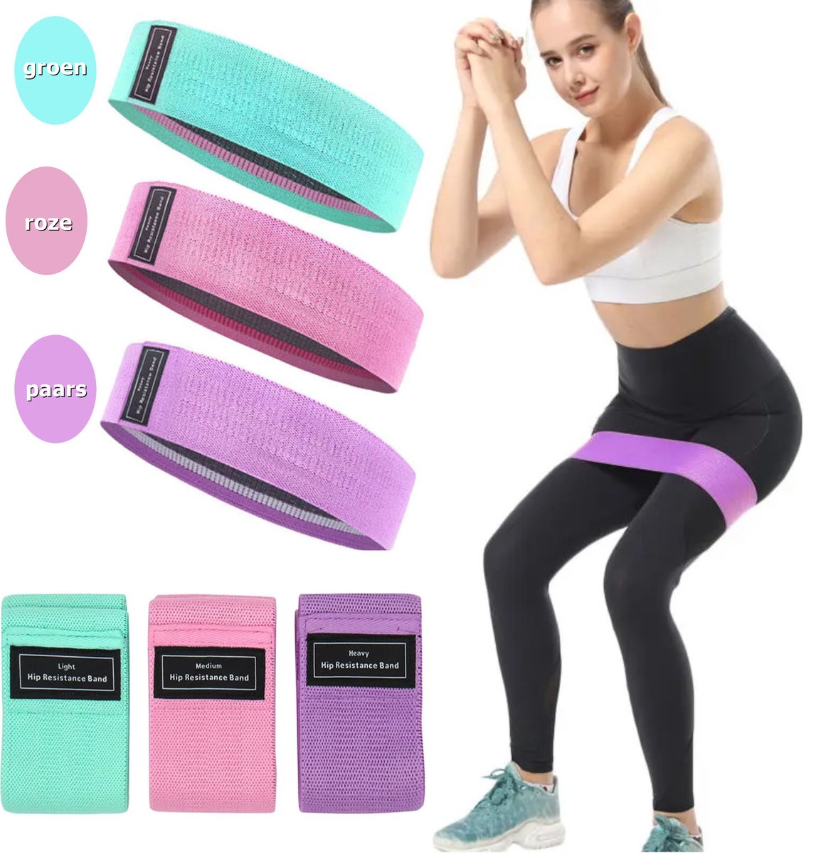 CUBEXCOM® Weerstandsbanden Set, Resistance Band, Set van 3 stuks, Antislip Weerstandsbanden, Fitness Elastiek Booty Band, Weerstand Banden, Sport Banden, Home Workout, Stretch Band, met Opbergtasje, Groen, Roze, Paars
