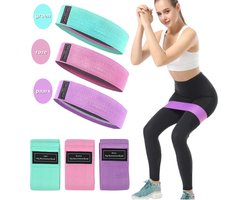 CUBEXCOM® Weerstandsbanden Set, Resistance Band, Set van 3 stuks, Antislip Weerstandsbanden, Fitness Elastiek Booty Band, Weerstand Banden, Sport Banden, Home Workout, Stretch Band, met Opbergtasje, Groen, Roze, Paars