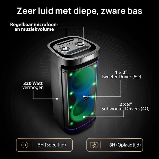 VolkanoX Paramount Bluetooth Party Speaker - Incl. Microfoon - 320 watt - Karaoke - LED-verlichting - TWS - Gitaar ingang van VolkanoX — afbeelding 4
