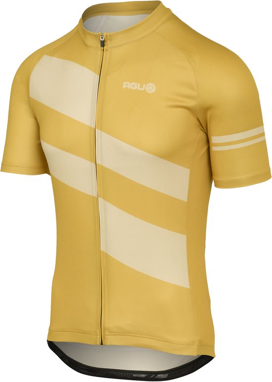 Geel fietsshirt met korte mouwen, diagonale crèmekleurige strepen en AGU logo op de borst.