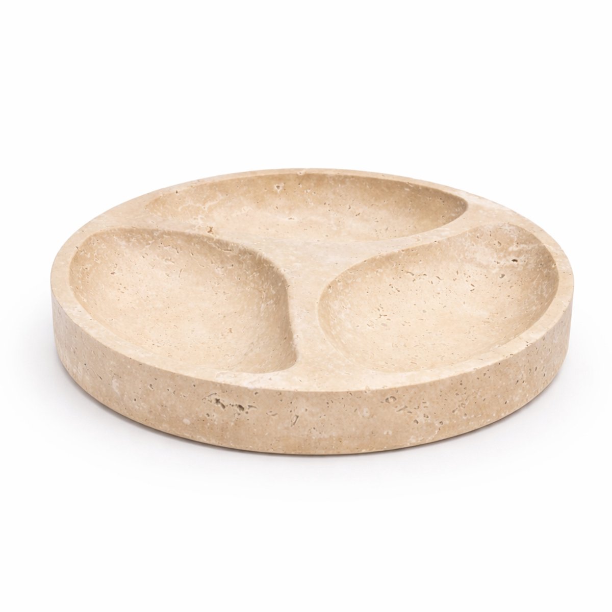 Marmeren serveerschaal – Rond – 3 vakken – luxe tapas & dipschaal – Beige