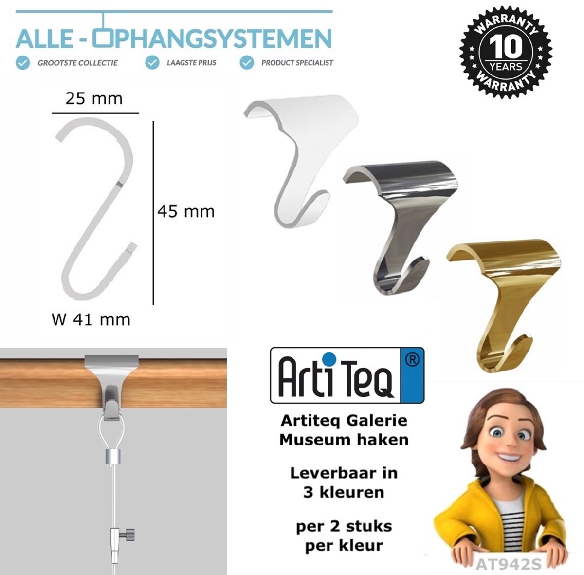Artiteq 2x Grote Museum- & Galeriehaken voor houten schilderij ophangrails - kleur Nikkel