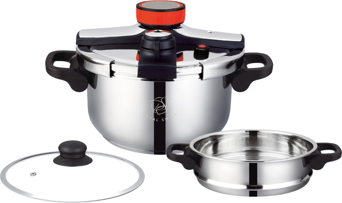 Royal Swiss® Snelkookpan – slowcooker – 10Liter – snelkookpan inductie – Pressure Cooker – stoommandje en Glazen Deksel