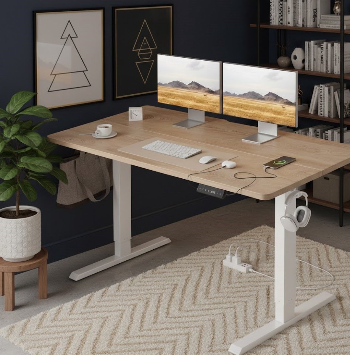 Ergonomisch Elektrisch Verstelbaar Sta-Zit Bureau 120x60 cm – A-Furniture – Modern Thuiskantoor Bureau met USB-oplaadpoorten en Geheugenbediening, Bruin