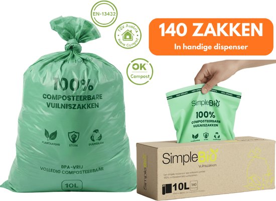 Sacs poubelles verts de 10L compostables dans une boîte distributrice. Avec labels "TÜV Austria Home Compost" et "OK Compost".