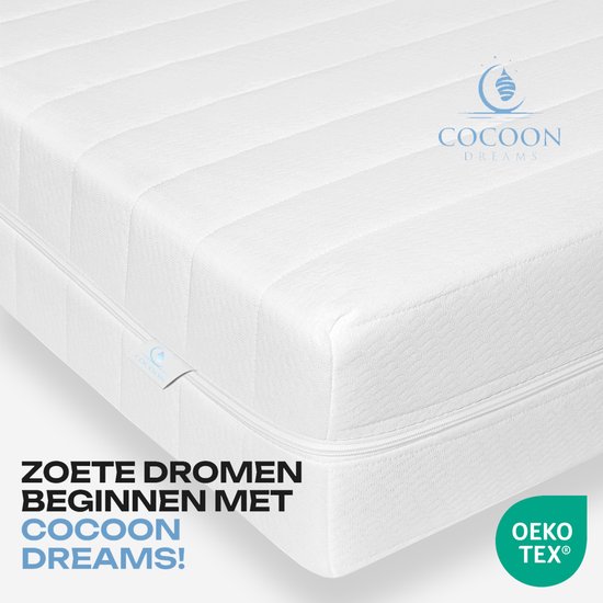 Wit matras van Cocoon Dreams met gestreepte textuur en rits. "ZOETE DROMEN BEGINNEN MET COCOON DREAMS!"