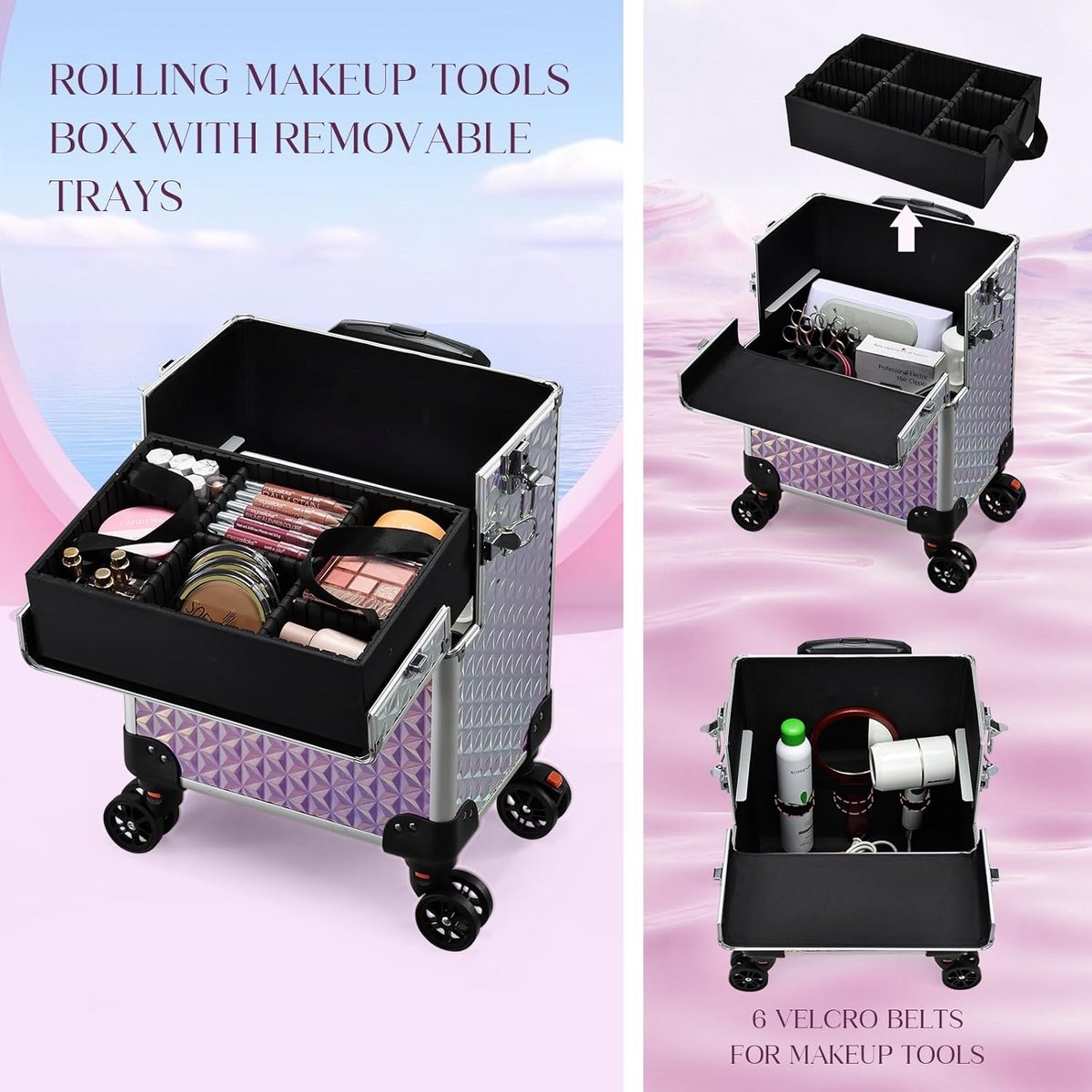 Professionele Make-up Trolley 5-in-1 Verrijdbare Cosmetica Koffer Roze