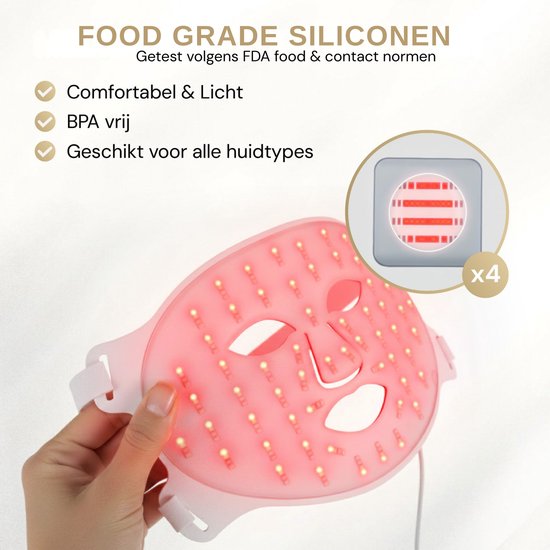 Wit LED gezichtsmasker met rode lampjes, vastgehouden door een hand. Gemaakt van food grade siliconen, BPA-vrij, comfortabel & licht.