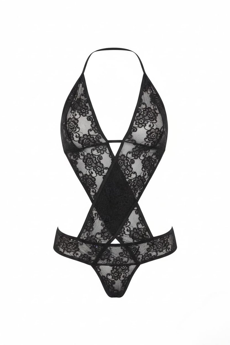 Okado Zwarte Lingerie Set One Size – Sexy Charme Lingerieset met Kant Look – Beugelloze BH Look – Verleidelijke Dames Lingerie – Valentijn Cadeau voor Haar