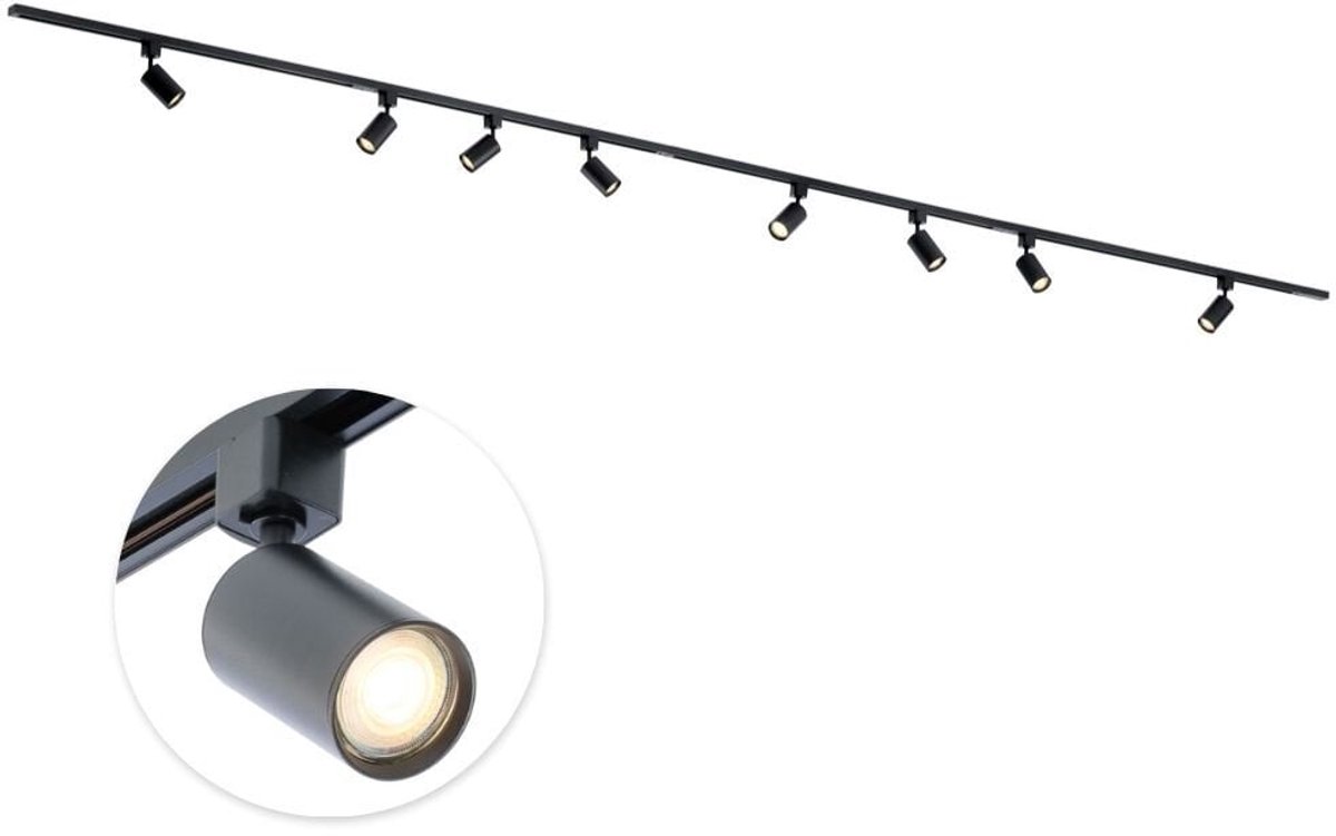 Qub Focus Railverlichting - Zwart - 400 cm - I-Vorm - 8x GU10 Spots - Dimbaar - Complete Set