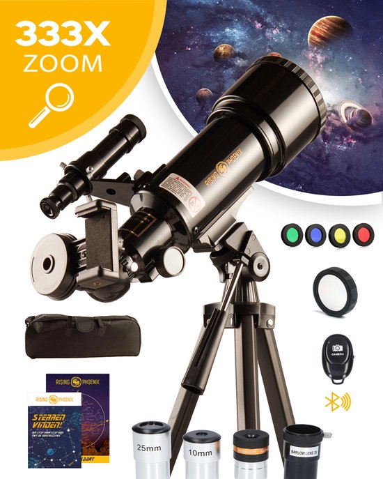 RP® Telescoop 333x Zoom incl 3 lenzen en Filterset - Sterrenkijker Kinderen / Volwassenen - Verstelbaar Statief - Afstandsbediening, Leerboek en Smartphone Adapter + Poster - Zwart