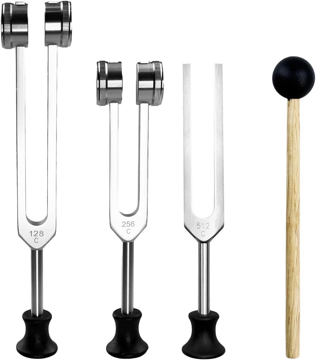 Set van 3 Stemvorken voor Klanktherapie en Chakra Healing met Hamer