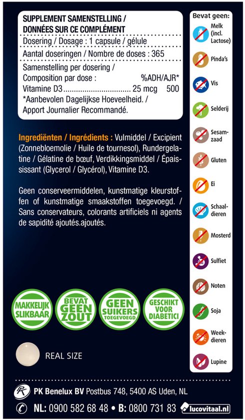 Achterkant van de verpakking van Lucovitaal Vitamine D3 capsules, met ingrediënten, allergenen en instructies.