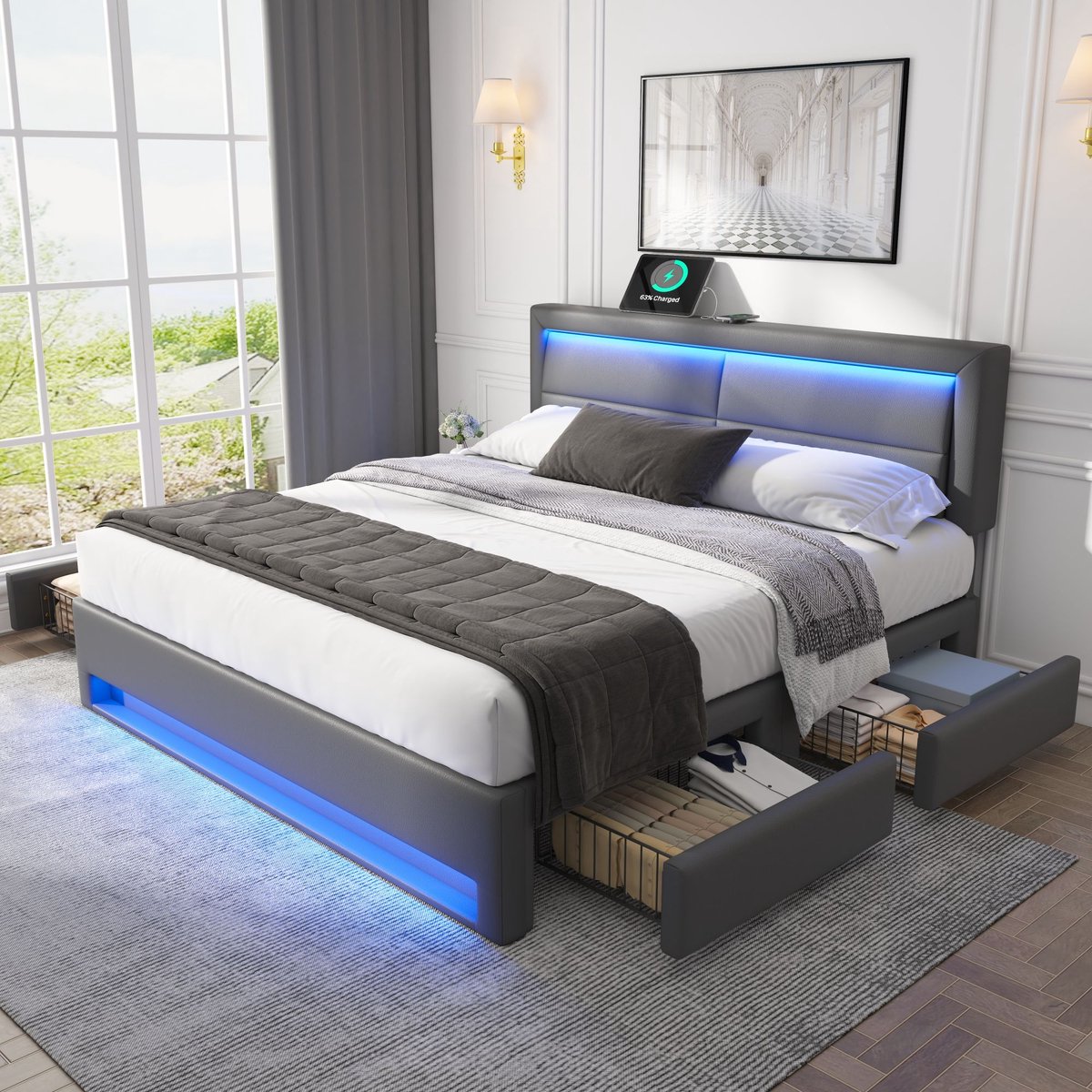 FloraGrace Gestoffeerd Bed 140x190cm – Met USB Oplaadpunten En Draadloos Opladen – Led Verlichting – 4 Opberglades – Zonder matras – Pu – Grijs