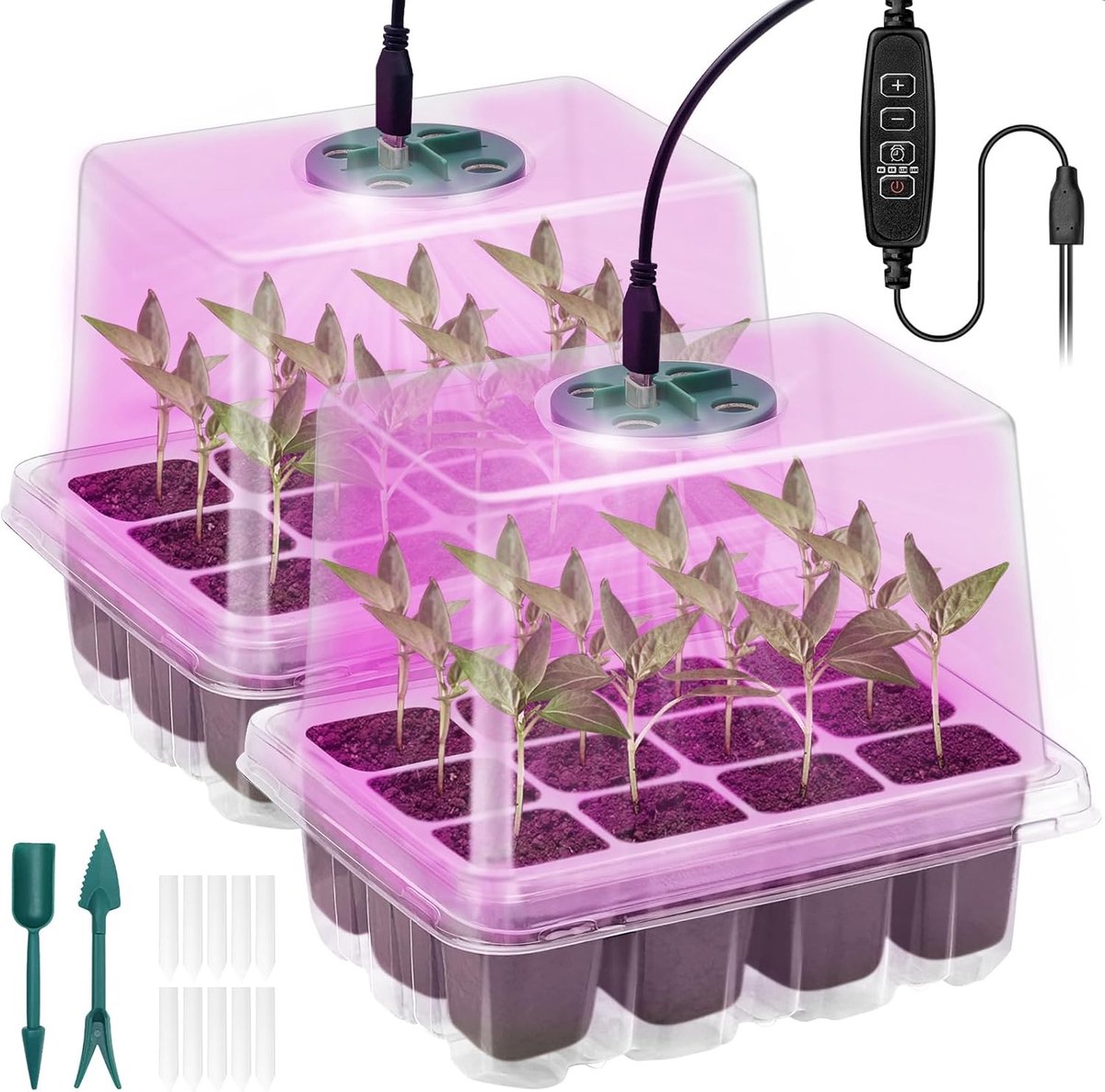 Famanu – 2 Stuks Kweekbak, Kweekschaal Voor Planten, Mini-Broeikas Kweekset Met Verhoogd Deksel, Zaailingstarter Met Plantenlichten Met Volledig Spectrum, 10 Labels 2 Gereedschap, Transparant
