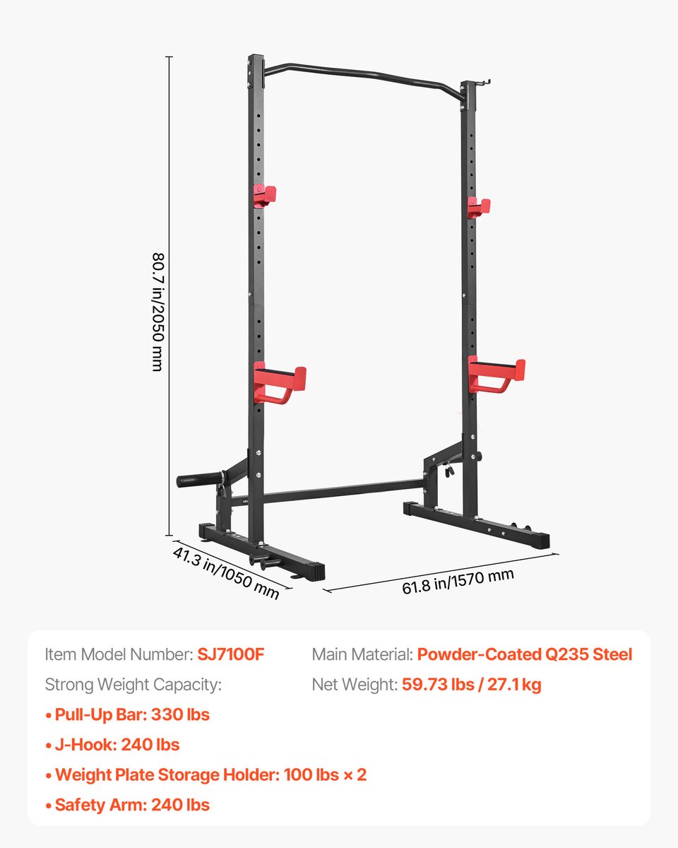 VEVOR Power Cage Squat Rack, 454 KG Draagvermogen, Multifunctioneel Krachtrek voor Thuisgym met 4 Bandhouders, Verstelbare J-Haak en Veiligheidsstangen voor Pull-Ups met Halterstang. thumbnail 5