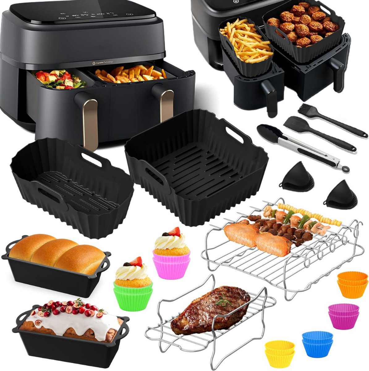 NBAP® Airfryer Accessoires - Bakpapier - Siliconen Bakje - Mand - Spatels - Oven Rek - Zwart