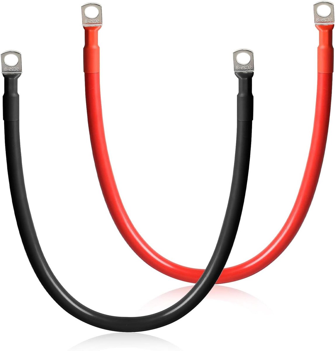 Batterijkabel met M8 ringklemmen - 50 cm lengte - set van 2 - 25 mm2 - 12V/24V - koper - voor motorfiets, zonne-energie, autoaccu - zwart + rood