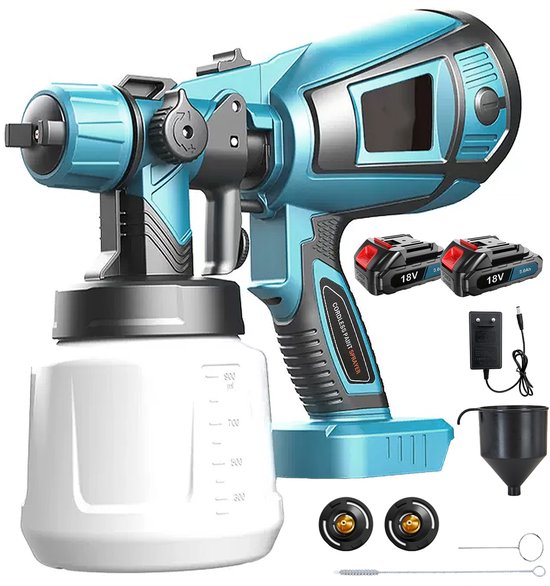 Draadloze verfspuit met krachtige 650W koperen motor - Verfspuitpistool met 3 messing sproeiers - 2 accu's en 1000 ml (34 oz) reservoir - Elektrische verfspuit voor het schilderen van huizen, graffiti, schuttingen en muren