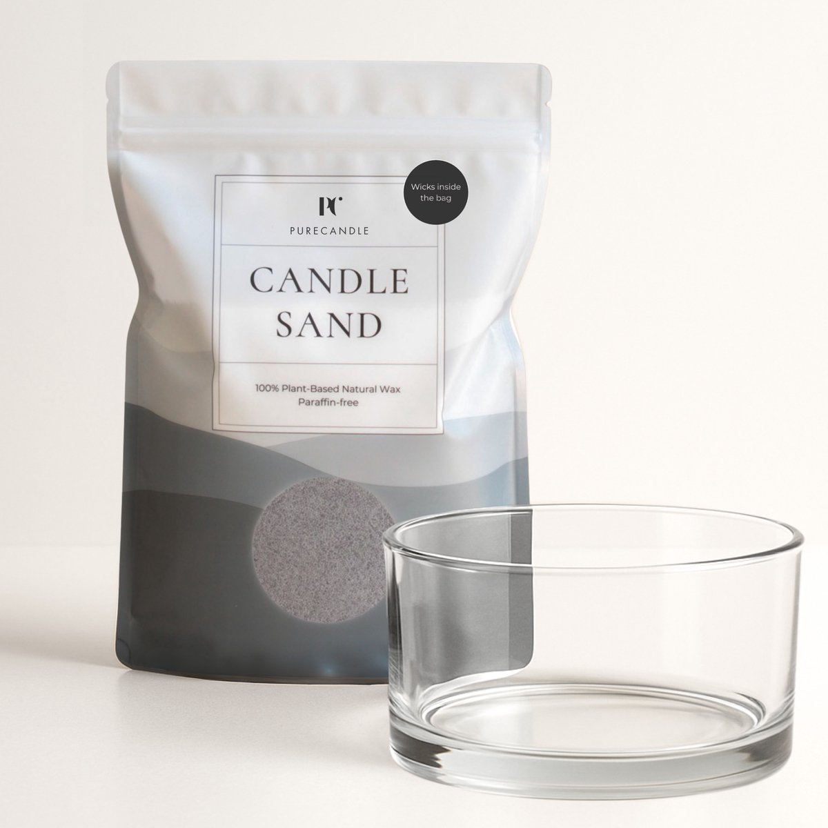 PureCandle Kaarsenzand Cadeauset – Grijs Kaarsenzand 450g + 20 Lonten – Glazen Schaal Clar