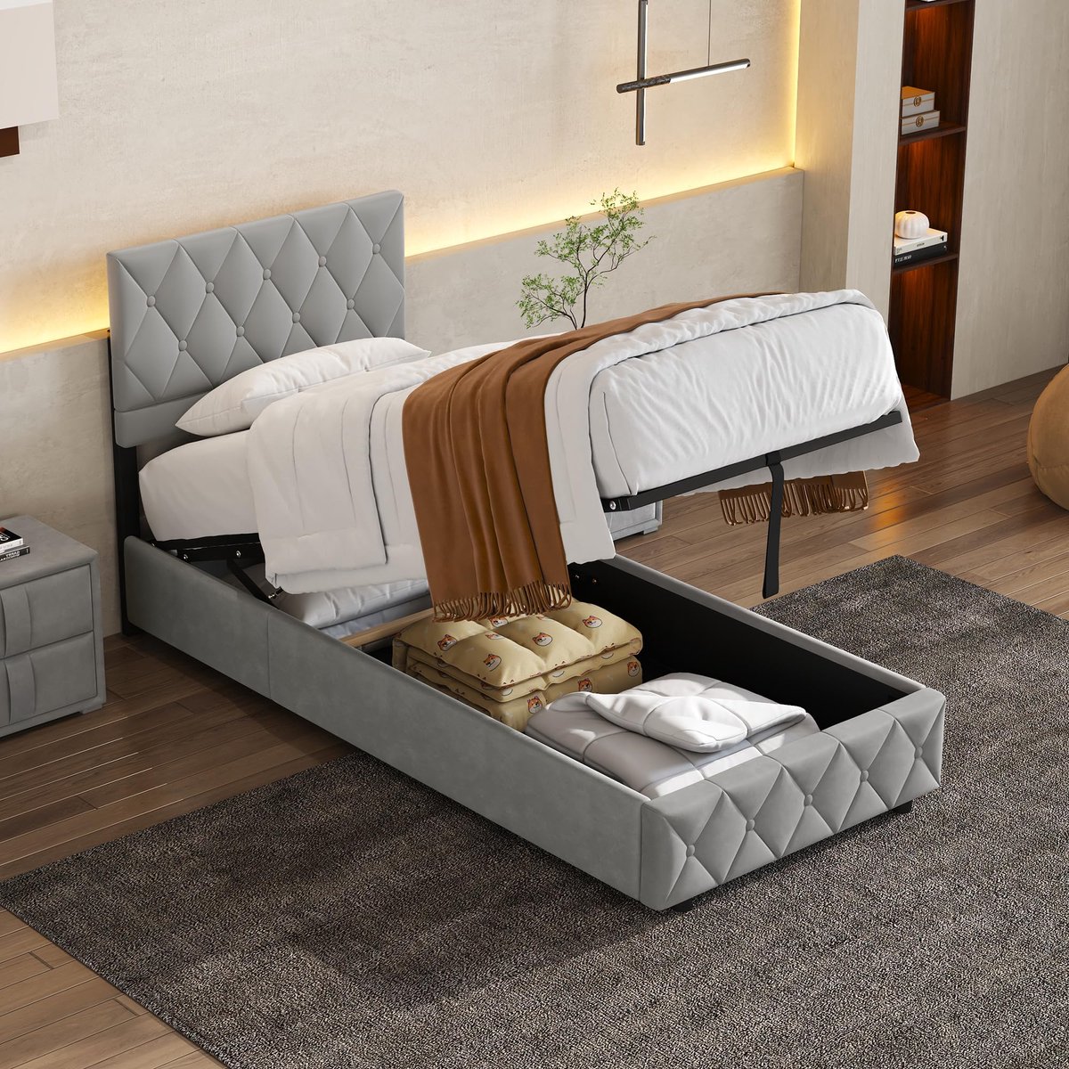 MIVRAY Eenpersoonsbed 90x190 - Opbergbed - Gestoffeerd Bed - Met Knopen - Hoogwaardig Fluweel - Lichtgrijs