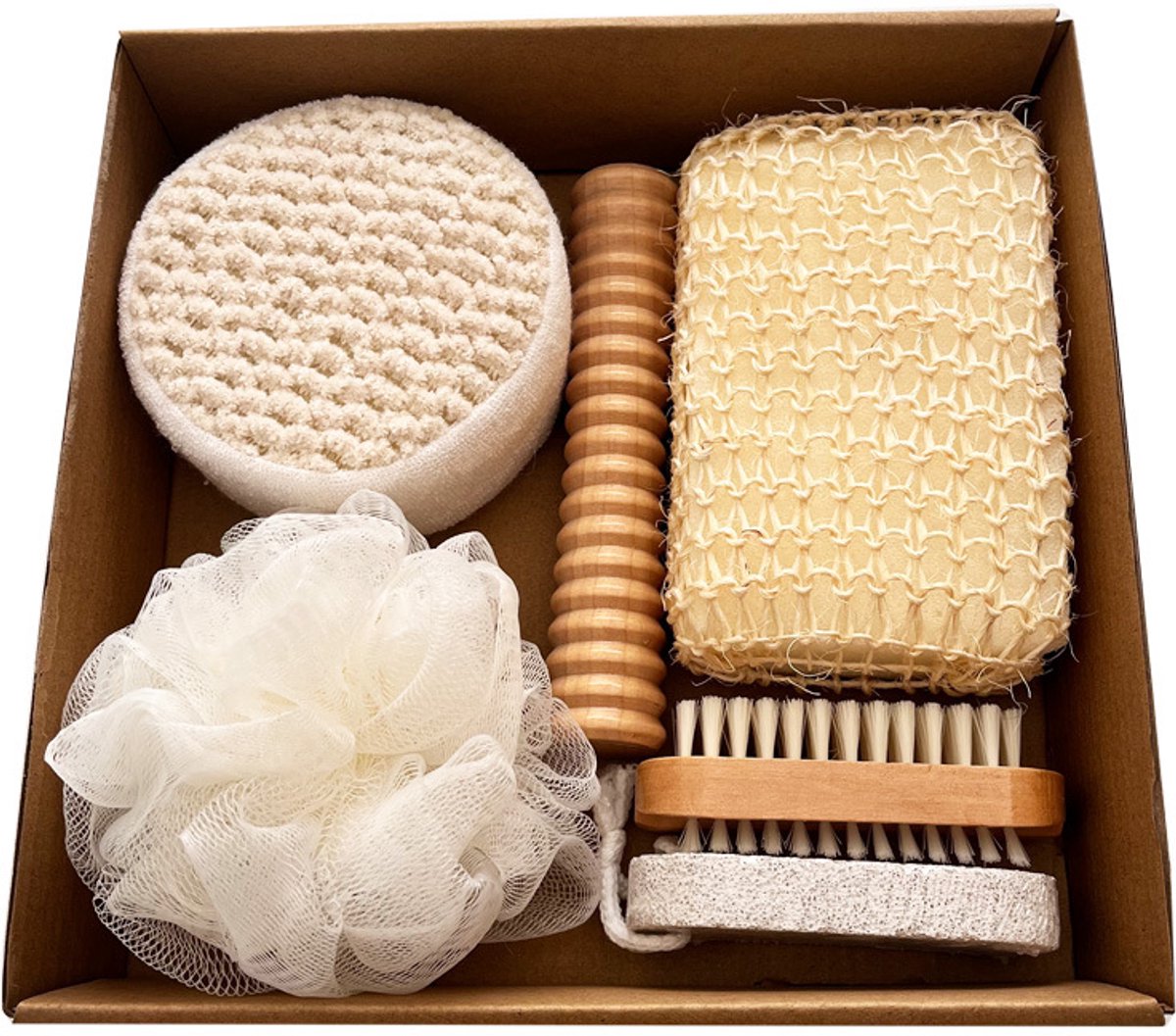Badset met vier onderdelen: badhanddoeken, badborstels, slijpstenen en sisal badbloemen.