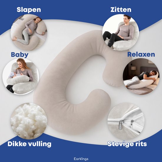 Earkings Zwangerschapskussen Zijslaapkussen 140x70cm C-vorm met Afneembare hoes - Body Pillow lichtgrijs van Earkings — afbeelding 5