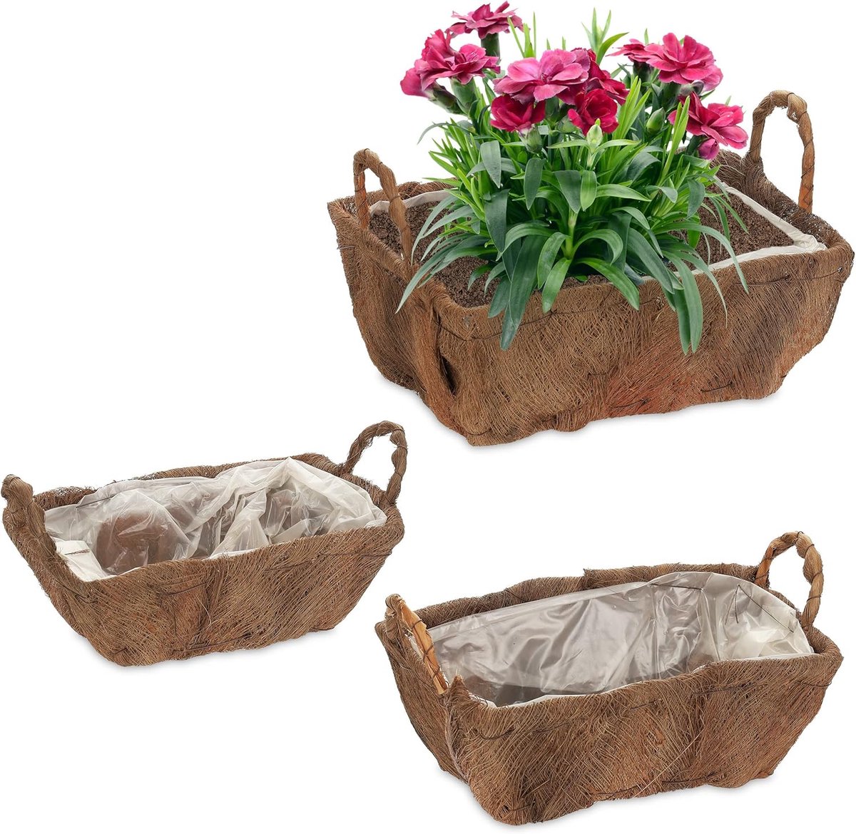 Famanu – Balkonbak set met handgrepen 3 maten met binnenfolie voor tuin en vensterbank naturel