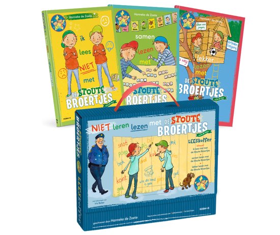 Drie boeken 'De Stoute Broertjes' en de leeskoffer, met illustraties van kinderen en tekst zoals 'Ik lees NIET met de Stoute Broertjes', 'Samen lezen met de Stoute Broertjes' en 'Lekker lezen met de Stoute Broertjes'.