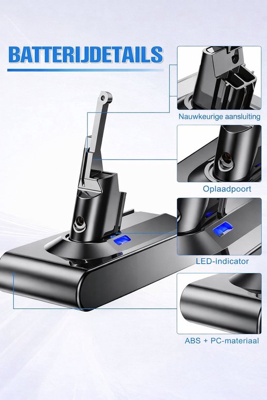 Grijze Dyson V8 accu met "BATTERIJDETAILS", LED-indicator en materiaal aanduiding.