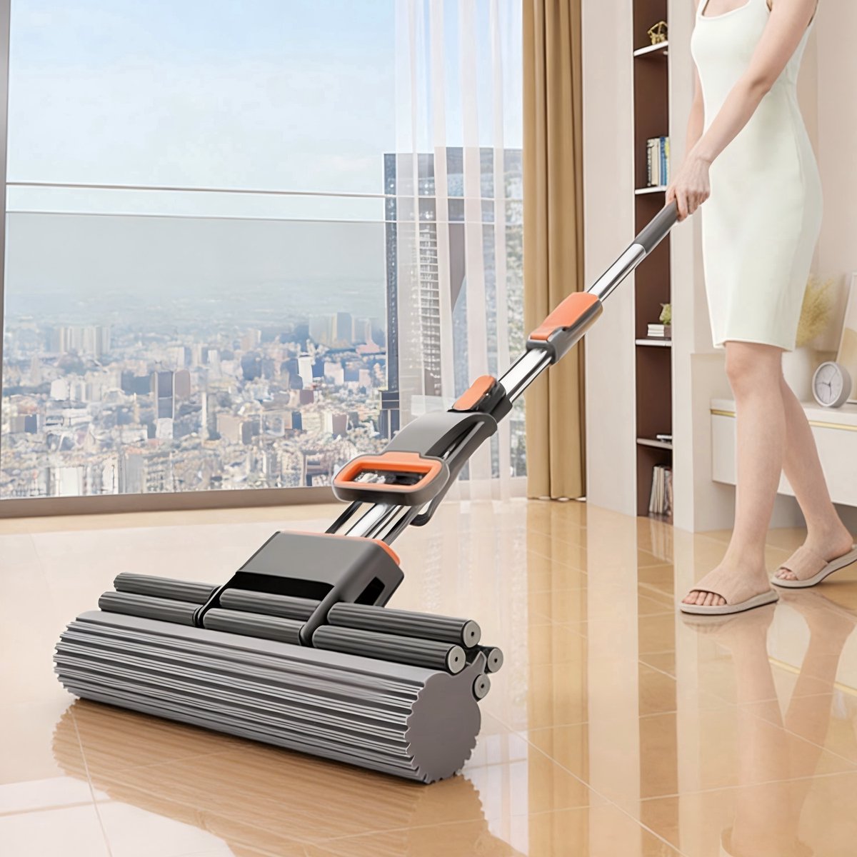 Magic Mop - Zelfuitwringende Sponsdweil met RVS Telescopische Steel 100-120 cm + 33 cm Vervangkopen - Vloerwisser voor Tegels en Gladde Vloeren