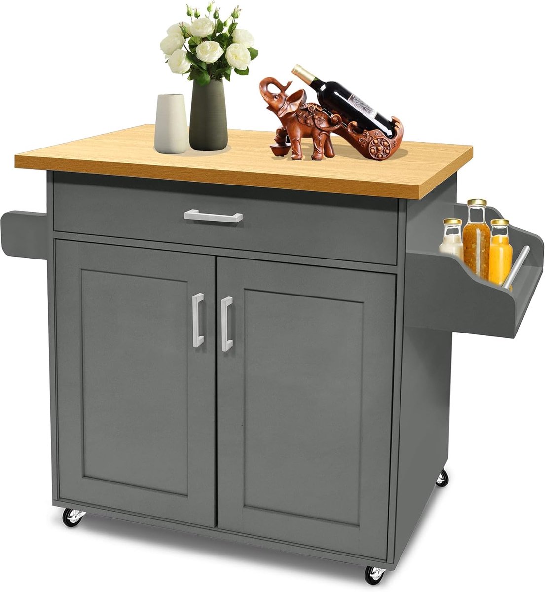 115x36x90cm Verplaatsbare Keukeneilanden MDF Werkblad Keukenwagen Met Wielen, Lade, Legplank, Handdoekhouder & Kruidenbord Rollwagen Belastbaar Tot 50KG Eetwagen Voor Feest (Grijs) NAIZY