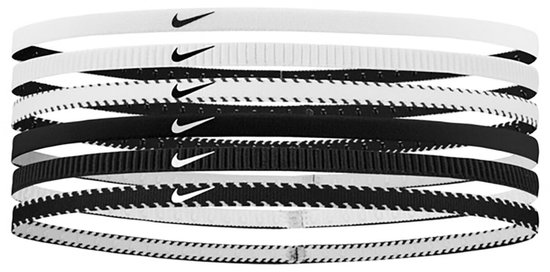 Six bandeaux Nike, noirs et blancs, avec de petits logos Nike.